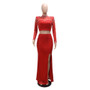 Fashionable Round Neck Mesh sequined long-sleeved top high slit skirt two-piece set for women