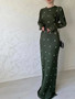 Women Round Neck Floral Long Sleeve Belt Bodycon Dress