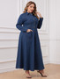 Plus Size Women Women Denim Turndown Collar Long Sleeve Dress