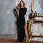 Women Long Sleeve Round Neck Sexy Backless Slit Dress