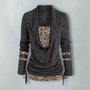 Women Leopard Patchwork Long Sleeve Loose Pleated Top