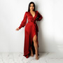 Women's Fashionable And Sexy V-Neck Solid Color Satin Lace-Up Irregular Long Dress