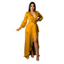 Women's Fashionable And Sexy V-Neck Solid Color Satin Lace-Up Irregular Long Dress