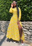 Women's Spring And Winter Round Neck Polka Dot Long Sleeve High Slit Midi Dress