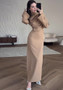 Muslim Spring Elegant Chic Solid Color Pleated Long Sleeve Dress