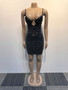 Women Sexy Mesh Top Beaded Elastic Suspender Bodycon Dress Two-piece Set