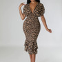 Summer v-neck Low Back Slim Fit leopard print Slim Waist sexy dress