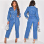 Women's Fashion Casual Sexy Pocket Belt Wide Leg Denim Jumpsuit