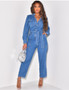 Women's Fashion Casual Sexy Pocket Belt Wide Leg Denim Jumpsuit