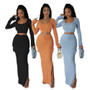 U-neck Tight Fitting short top with high waist and slit Bodycon long skirt autumn and winter two-piece set