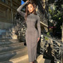 Autumn Women Half Turtle Neck Ribbed Long Sleeve Slim Fit Slim Waist Long Dress