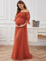 Maternity Formal Evening Gown Short Sleeve Off Shoulder Tulle Solid Color Maternity Long dress