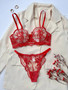 Flower Embroidery See-Through Mesh Sexy Bra and panty lingerie set