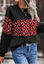 Women Autumn Loose Round Neck Long Sleeve Leopard Patchwork Top