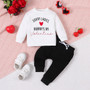 Girls Heart Print Letter printed white long-sleeved T-shirt + black trousers two-piece set