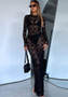 Women Solid lace See-Through Long Sleeve Maxi Dress