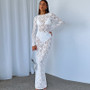 Women Solid lace See-Through Long Sleeve Maxi Dress