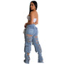 Women's Fashion Sexy Ripped Hollow Washed Jeans Pocket Cargo Denim Pants