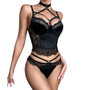 Velvet Lace Patchwork Lingerie Sexy Crossover Halter Neck Underwear Set