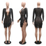 Women Sexy V-Neck Slit Beaded Feather See-Through Long Sleeve Dress