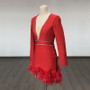 Women French V Neck Patchwork Diamond Long Sleeve Feather Bandage Dress