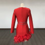 Women French V Neck Patchwork Diamond Long Sleeve Feather Bandage Dress