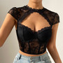 Women Round Neck Lace Diamond Sexy Hollow Steel Ring Fishbone Crop Top