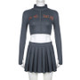 Embroidered Letter Half Turtleneck Crop Zipper Top + High Waist Pleated Skirt Casual Sports Two Piece Set For Women