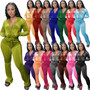 Women's Solid Velvet Casual Zipper Hoodies Wide Leg Pants Two Piece Set