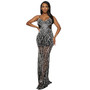 Fashion Women's Solid Color Mesh Beaded Straps Long Dress