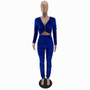 Women Solid Zipper Pleated Velvet Top and Stacked Pant Two-piece Set