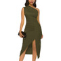 Women Sexy Solid Color Ruched One-Shoulder Slit Dress