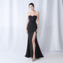 Herringbone Slim Waist structured satin pleated Strapless evening gown