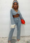 Stylish Tassel Patchwork Denim two piece pants set with Headband