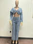 Stylish Tassel Patchwork Denim two piece pants set with Headband