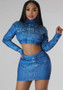 Fashion Half Turtleneck Long Sleeve Cropped Top and Bodycon Skirt Printed Two-piece Set for Women