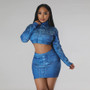 Fashion Half Turtleneck Long Sleeve Cropped Top and Bodycon Skirt Printed Two-piece Set for Women