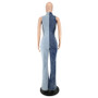 Plus Size Women's Fall Color Block Wash Sexy Denim Jumpsuit