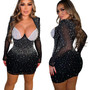 Fashion Women's Solid Color Beaded Mesh Long Sleeve Bodycon Dress