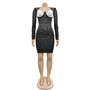 Fashion Women's Solid Color Beaded Mesh Long Sleeve Bodycon Dress