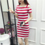 Women Slash Shoulder Striped Suspender Sexy Dress