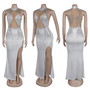 Women Beaded Mesh See-Through Patchwork Sleeveless Slit Dress