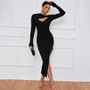 Women'S Maxi Dress Slim Tight Fitting Sexy Slit Long Sleeve Bodycon Dress