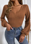 Women's V-neck Bubble Sleeve Slim Fit Chic Career Knitting Long Sleeve T-shirt Top