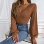 Women's V-neck Bubble Sleeve Slim Fit Chic Career Knitting Long Sleeve T-shirt Top