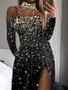 Women Gold Printed Long Sleeve High Neck Mesh Patchwork Slit Evening Dress