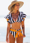Women Striped High Waist Bikini Ruffled Lace-Up Swimsuit Two Pieces