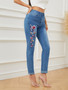 Women Embroidered High Waist Stretch Denim Pants