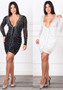 Women Sexy V-Neck Mesh Beaded See-Through Long Sleeve Dress