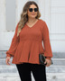 Women's Plus Size Tops Spring And Autumn V-Neck Ribbed Lantern Sleeve T-Shirt Basic Shirt